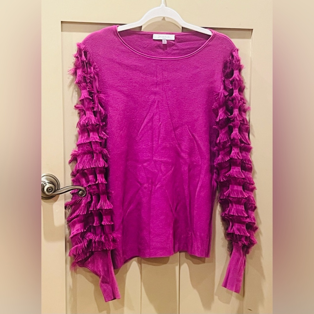 Sioni Magenta Pink Ruffle Sleeve Pullover Sweater Italy Unique